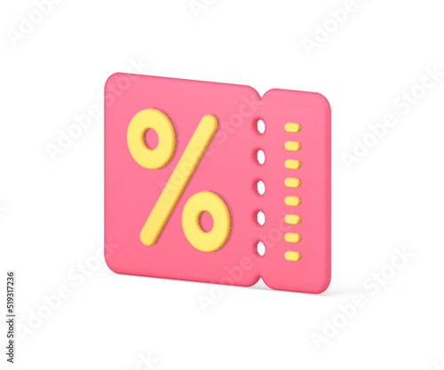 Pink shopping coupon percentage advertising discount deal isometric 3d icon realistic vector