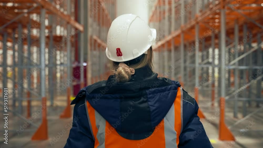 Blonde female engineer walks on aisle looking at empty racks due to shortage of goods. Woman in warehouse backside close view slow motion Blonde female engineer walks on aisle looking at empty racks due to shortage of goods. Woman in warehouse backside close view slow motion