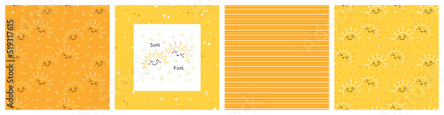 Vector Set of Cute Sunset or Sunrise Smiling Faces Seamless Patterns and "Sun Fun" Poster or Print. Childish Bright Yellow Backgrounds with Doodle Funny Half Sun for Kids Fashion Design.