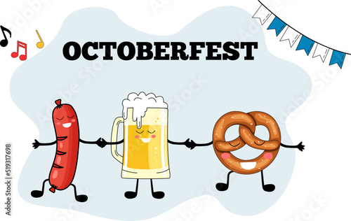 Oktoberfest beer festival set. Beer mug, sausage,  pretzel, , flags, barrel, hops. Illustration or poster for a holiday.