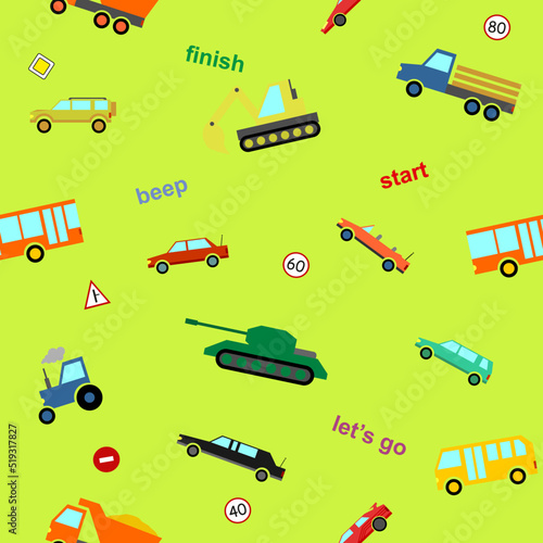 Vector cute kids auto car colorful cartoon seamless pattern on green background for decoration, gift wrap, scrapbooking, printing on fabric, banner, greeting card, sale, promotion, party. 10 eps
