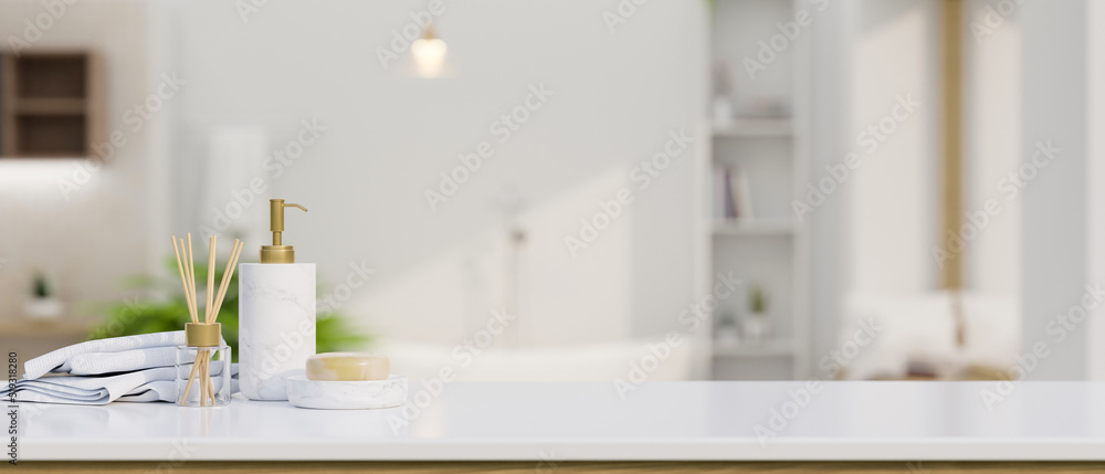Modern elegance white marble bathroom tabletop with copy space over blurred elegance bathroom - obrazy, fototapety, plakaty 