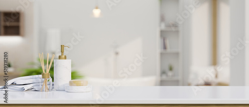 Modern elegance white marble bathroom tabletop with copy space over blurred elegance bathroom © bongkarn