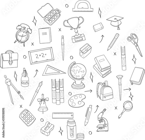 Hand drawn school supplies icons. Vector illustration, doodle style.