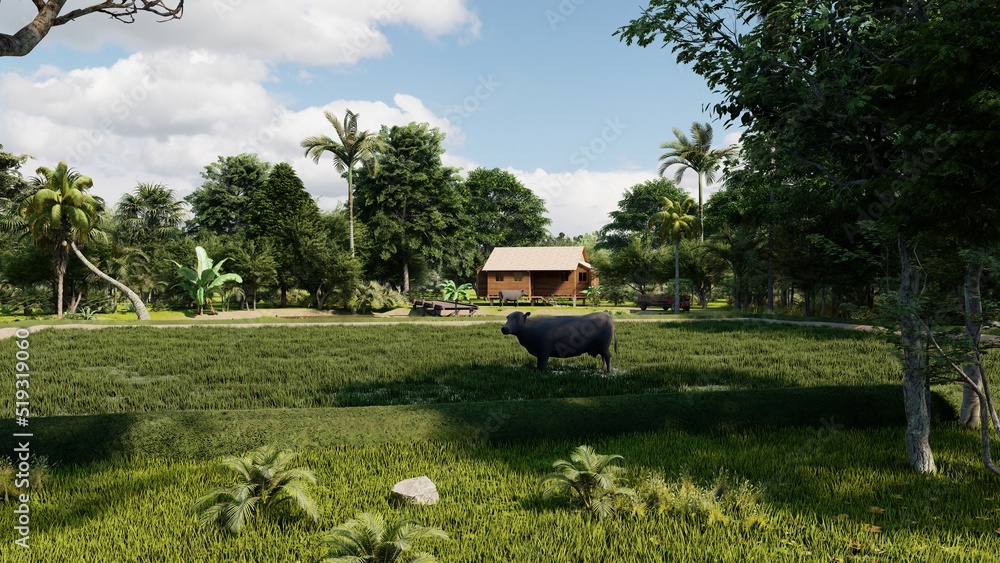 rice field with big buffalo and behind the buffalo have a tiny house, Asia Agriculture 3d rendering. rice field with big buffalo and behind the buffalo have a tiny house, Asia Agriculture 3d rendering.