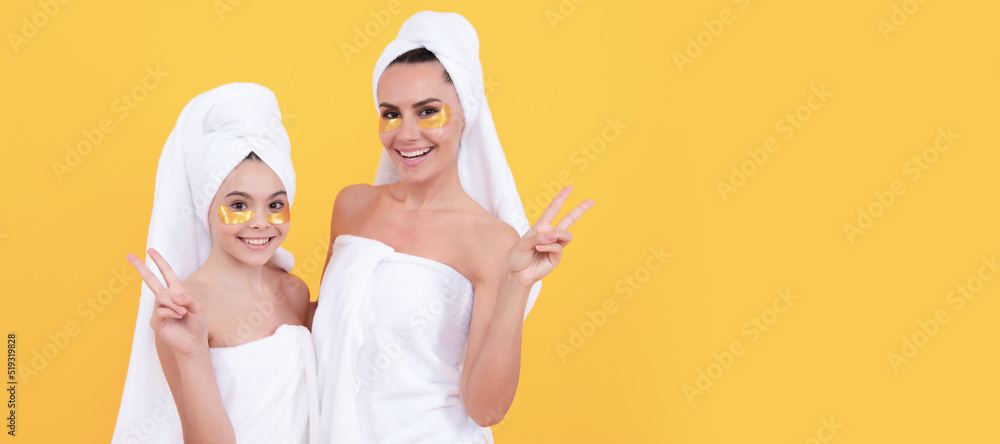 Mother and daughter child banner, copy space, isolated background. facial collagen skincare cosmetic. moisturizing skin. cosmetology. mom and daughter. Mother and daughter child banner, copy space, isolated background. facial collagen skincare cosmetic. moisturizing skin. cosmetology. mom and daughter.