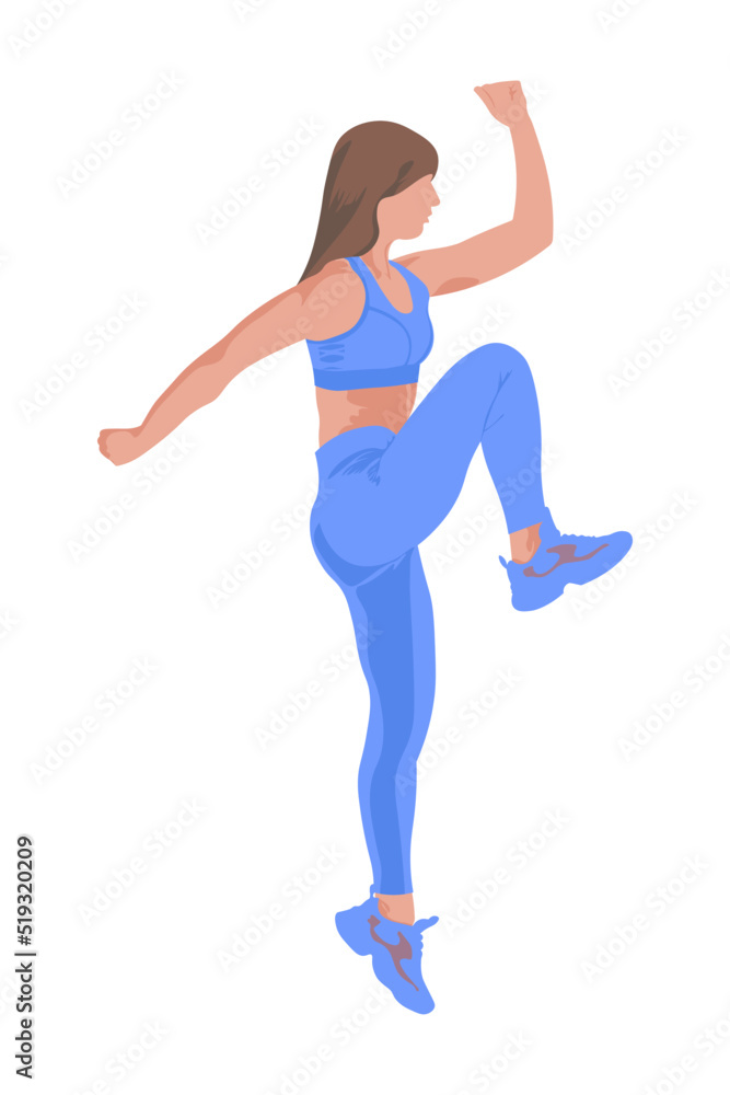 girl in a blue tracksuit jumping in a faceless style on a white background girl in a blue tracksuit jumping in a faceless style on a white background