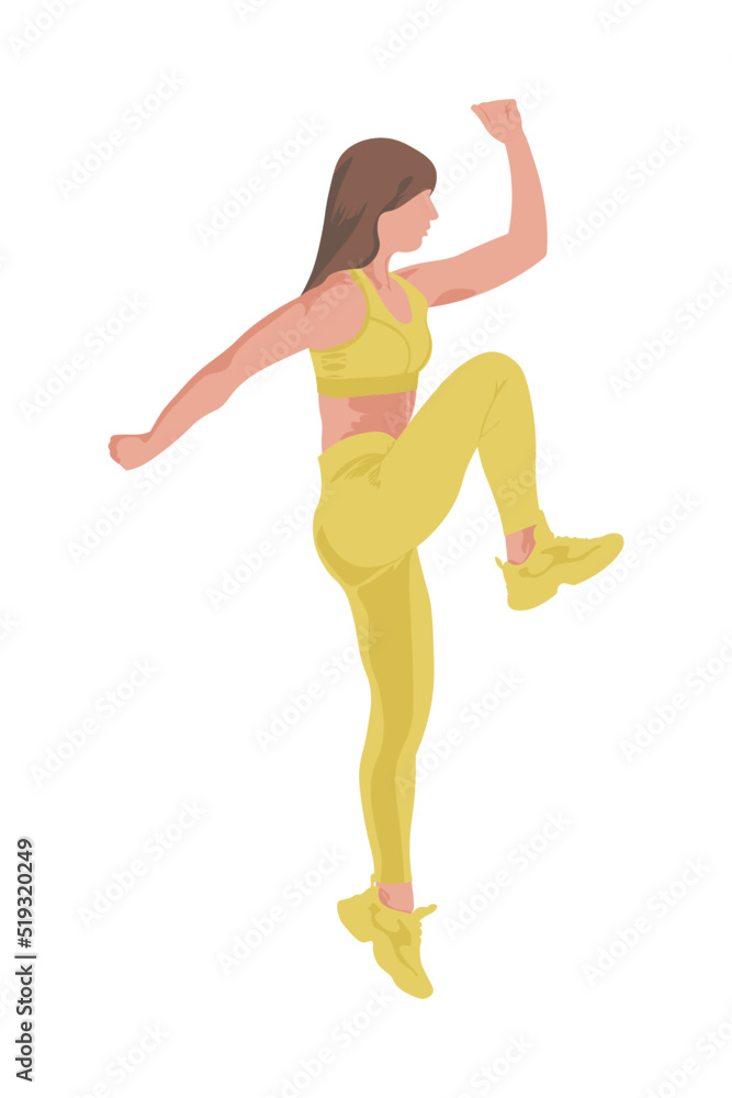 girl in a yellow tracksuit jumping in a faceless style on a white background girl in a yellow tracksuit jumping in a faceless style on a white background