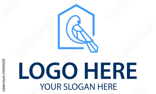 Blue Color Line Art Bird Home Logo Design