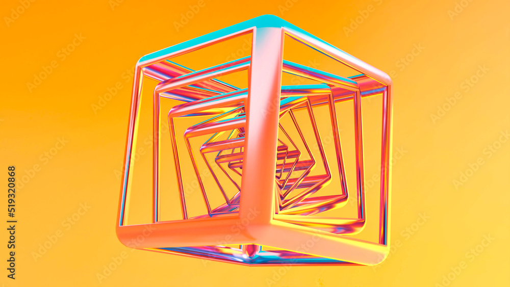 Cube with dynamic elements on yellow background, render a rotating 3d cube in perspective with lighting and shadow. 3d visualization of a cube in perspective. Cube with dynamic elements on yellow background, render a rotating 3d cube in perspective with lighting and shadow. 3d visualization of a cube in perspective.