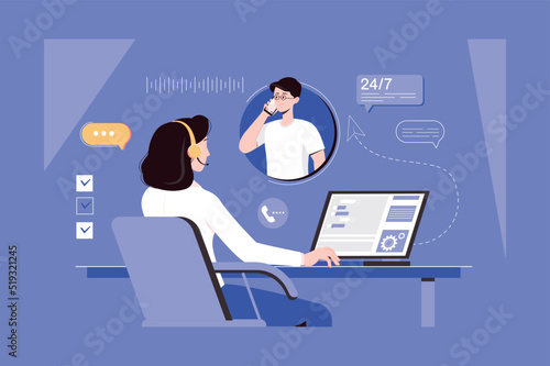 Call center web concept with people scene in flat blue design. Woman in headset works at laptop in helpdesk, answers calls and messages from clients, advises and consults man. Vector illustration