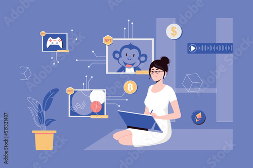 NFT token web concept with people scene in flat blue design. Woman illustrator draws on graphic tablet and creates digital content with NFT technology to sell at online auction. Vector illustration