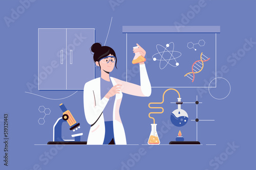 Science laboratory web concept with people scene in flat blue design. Woman scientist holds tube with liquid and makes scientific research, conducts experiments and tests in lab. Vector illustration