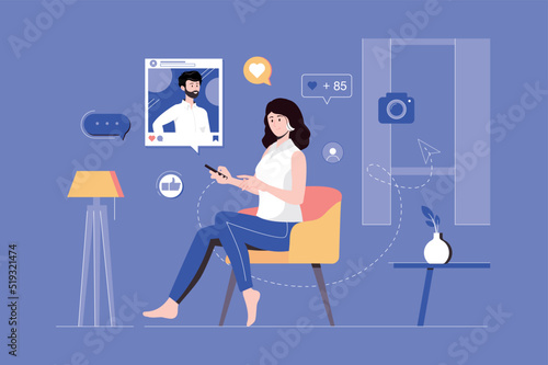Social media web concept with people scene in flat blue design. Woman use smartphone and surfing news feeds and likes photo in blogger profile, subscribe influencer at mobile app. Vector illustration