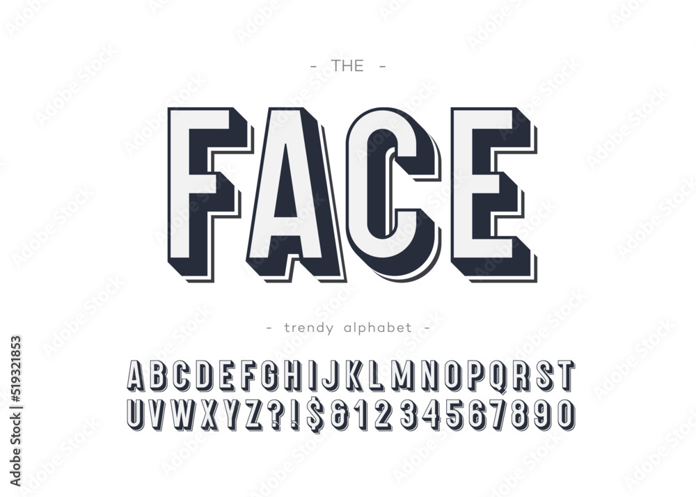 Vector face font bold style for logo, decoration, party poster, t shirt, book, greeting card, sale banner, printing on fabric. Cool alphabet 3d modern typography. Trendy typeface. 10 eps