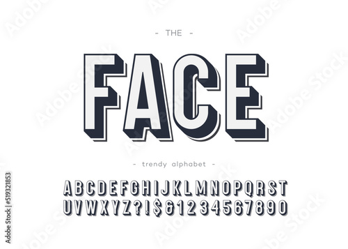 Vector face font bold style for logo, decoration, party poster, t shirt, book, greeting card, sale banner, printing on fabric. Cool alphabet 3d modern typography. Trendy typeface. 10 eps