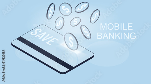 Accumulation of coins of dollars on a plastic card. Save money. Financial benefit concept. Isometric 3d vector graphic illustration.