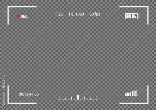 Vector record frame camera template isolated on transparent background. Viewfinder template. Screen photography frame for video, snapshot photography, focusing screen. Cinematic view. 10 eps