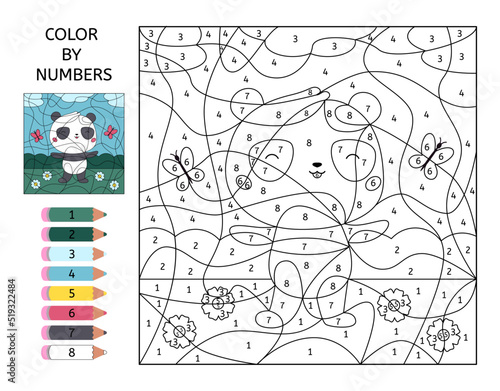 Color by numbers. Educational game for preschool kids. Cute cartoon panda with flowers and butterflies. Learn numbers. Puzzle for children. Vector illustration for coloring book.