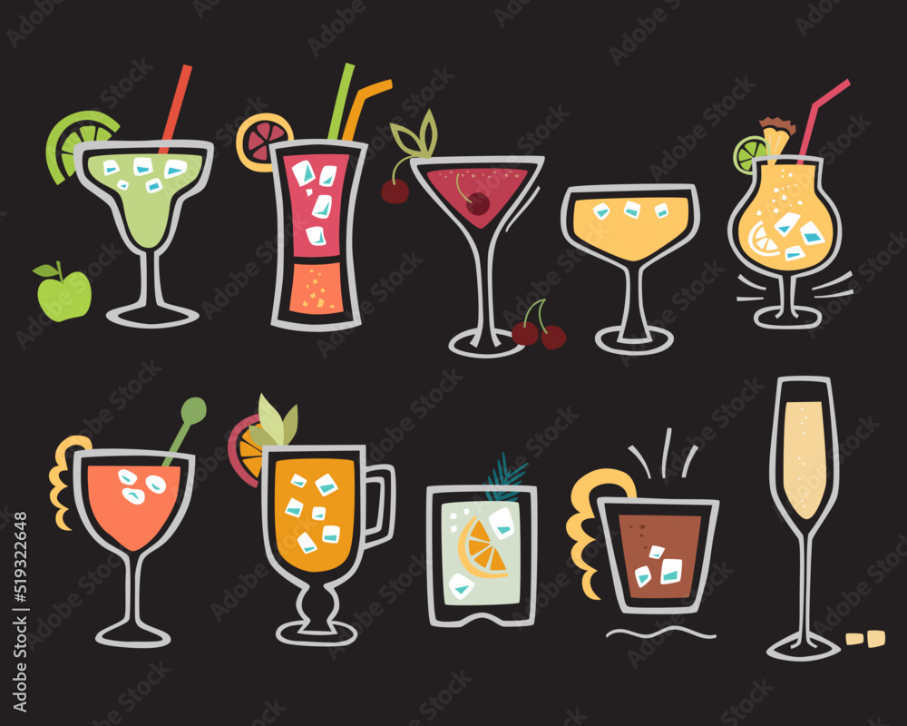 Hand drawn Cocktails. Vector drinks set. Cute beverages Hand drawn Cocktails. Vector drinks set. Cute beverages