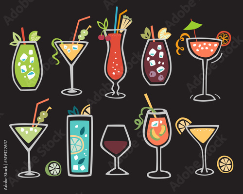 Cute drinks collection. Vector set. Hand drawn beverage Mojito, Martini, Sangria,Gin Tonic