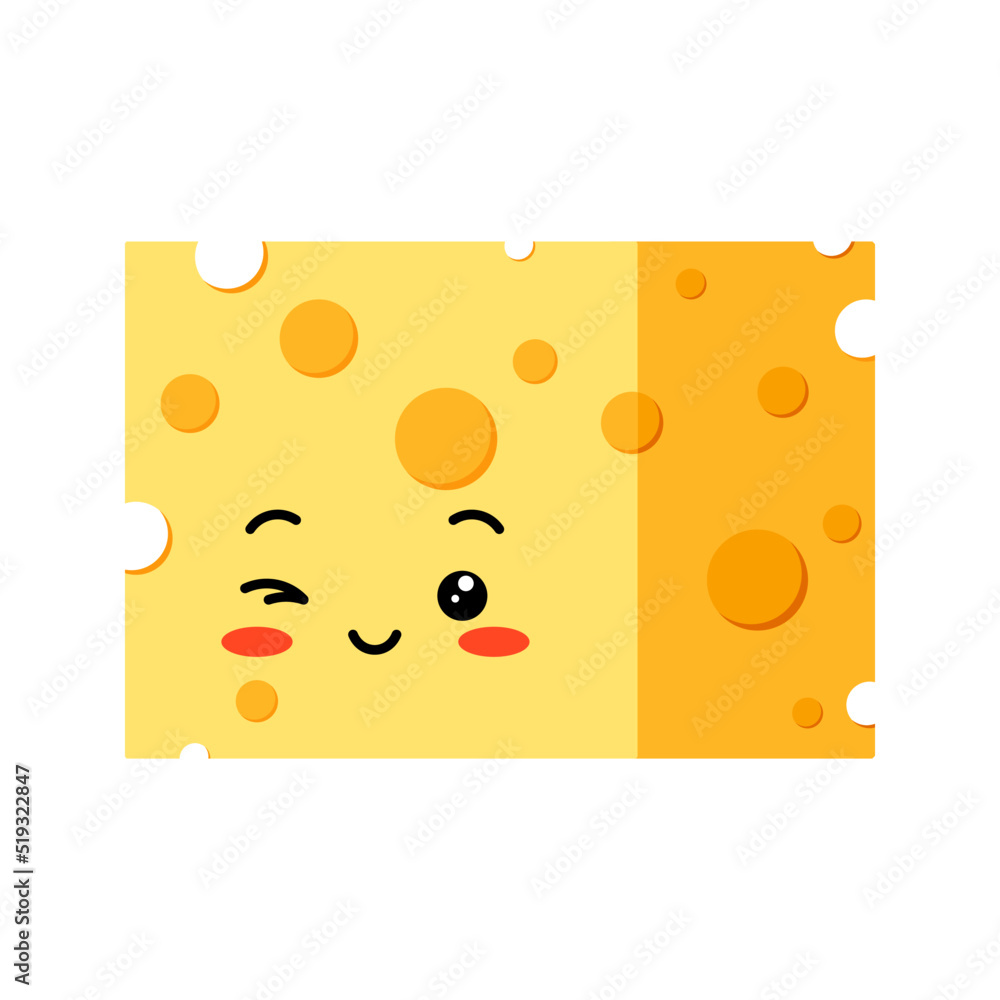 Fototapeta premium Cheese cube cute winking character with hole vector icon isolated on white background. Funny cheese winks flat design cartoon style illustration. Organic milk food mascot.