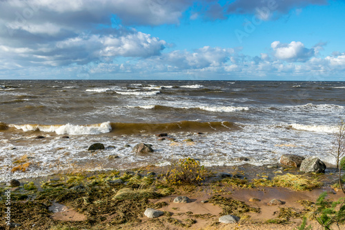 seascape with sea waves crashing on the shore and exploding  beautiful blue skies and white clouds over the sea  Vidzeme rocky seashore  Salacgriva rural area  Latvia