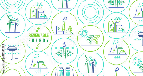 Renewable energy landscape banner. Editable vector illustration