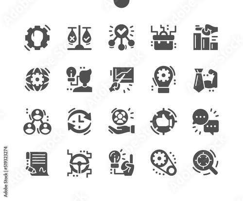 Corporate governance. Working process. Employee management. Control, business, discussions and target audience. Vector Solid Icons. Simple Pictogram