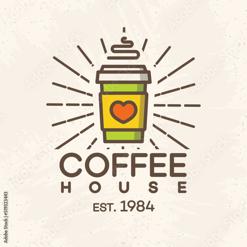 Coffee house logo with paper cup of coffee color style isolated on background for cafe, shop. Vector design elements, logos, identity, labels, badges and other branding objects. Vector illustration.