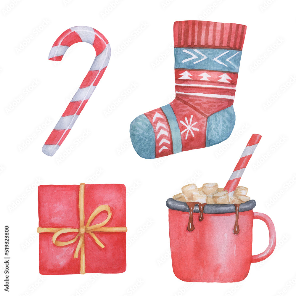 Fototapeta premium Christmas elements set. Watercolor Hot chocolate with Christmas Candy Cane with marshmallow and sock isolated on white background.