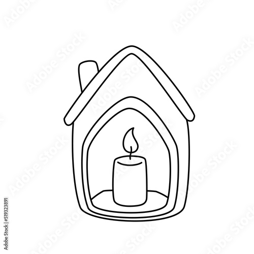 Candle in Doodle Style on a Candle Holder Ceramic House, Vector Flat Illustration, Isolated, Cartoon.