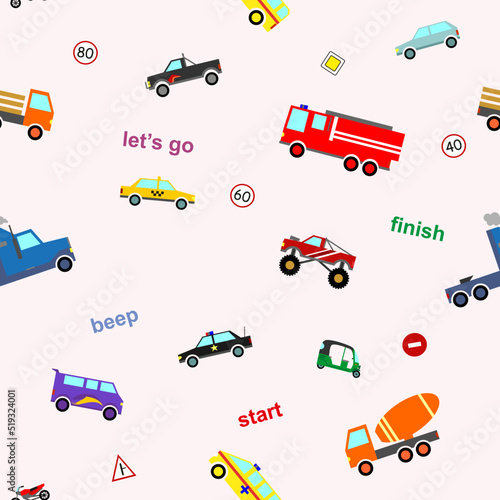 Vector cute kids car seamless pattern colorful cartoon style for gift wrap, scrapbooking, printing on fabric, decoration, banner, greeting card, sale, promotion, party poster. 10 eps