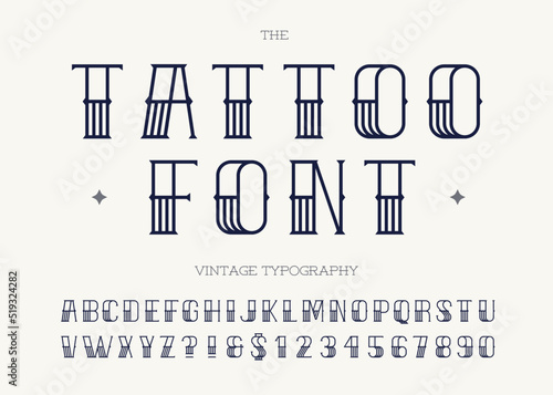 Tattoo font black color. Retro font sans serif style for party poster, printing on fabric, t shirt, promotion, decoration, stamp, label. Cool modern alphabet vintage typography. Vector 10 eps