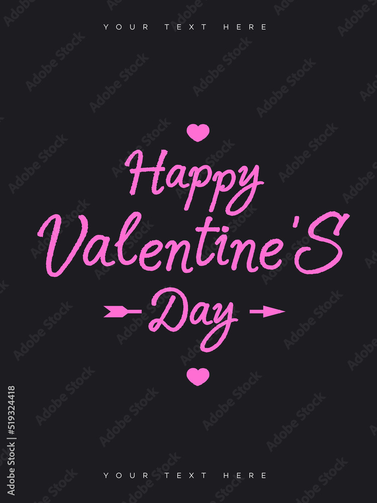 Valentine card with sign happy valentines day on black background for banner sale, poster, promotion, greeting card, stamp, label, tag, special offer, decoration, quote. Vector Illustration