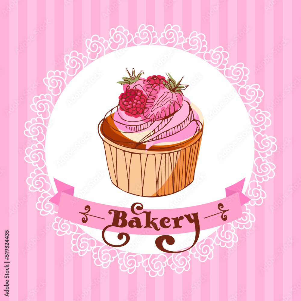 Strawberry - raspberry cupcake on a lacy napkin on a striped background. Template for a bakery Vintage illustration in sketch style in pink colors. For menu, pastry shop, invitation, postcard, poster. Strawberry - raspberry cupcake on a lacy napkin on a striped background. Template for a bakery Vintage illustration in sketch style in pink colors. For menu, pastry shop, invitation, postcard, poster.