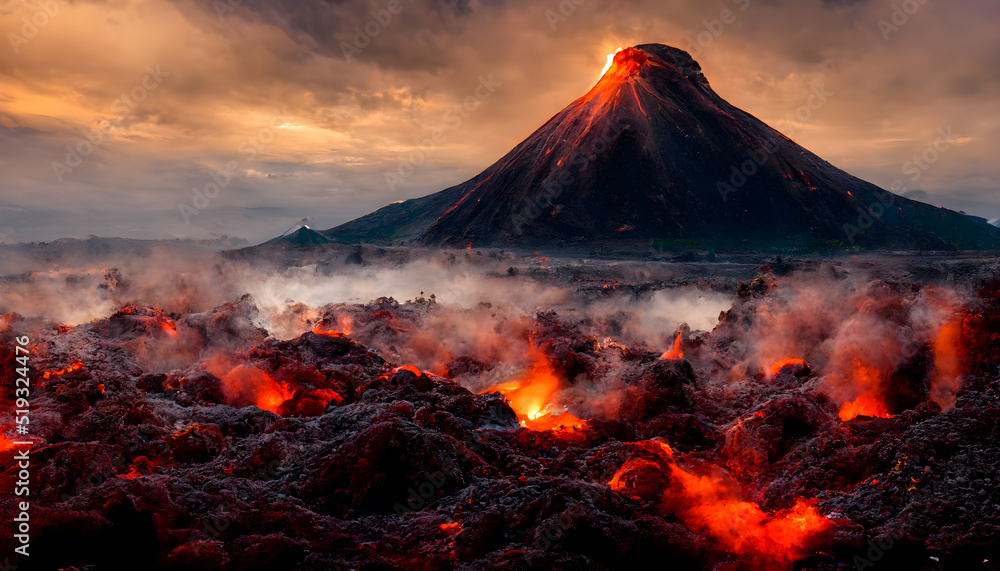 Magma und Lavastrom mit einem Vulkan im Hintergrund