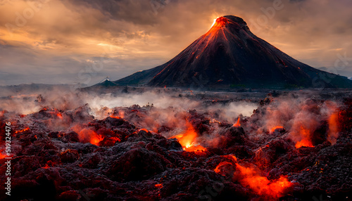 Fotografia Magma und Lavastrom mit einem Vulkan im Hintergrund
