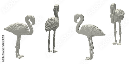 Flamingo bird made from cubes. Voxel art. Futuristic concept. 3d Vector illustration. Dimetric projection.