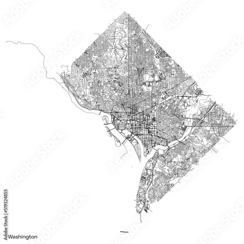 Washington city map with roads and streets, United States. Black and white. Vector outline illustration.