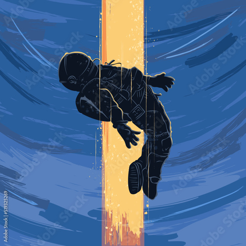 Hand drawn falling astronaut silhouette in glitch art, falling cosmonaut, spaceman with yellow light
