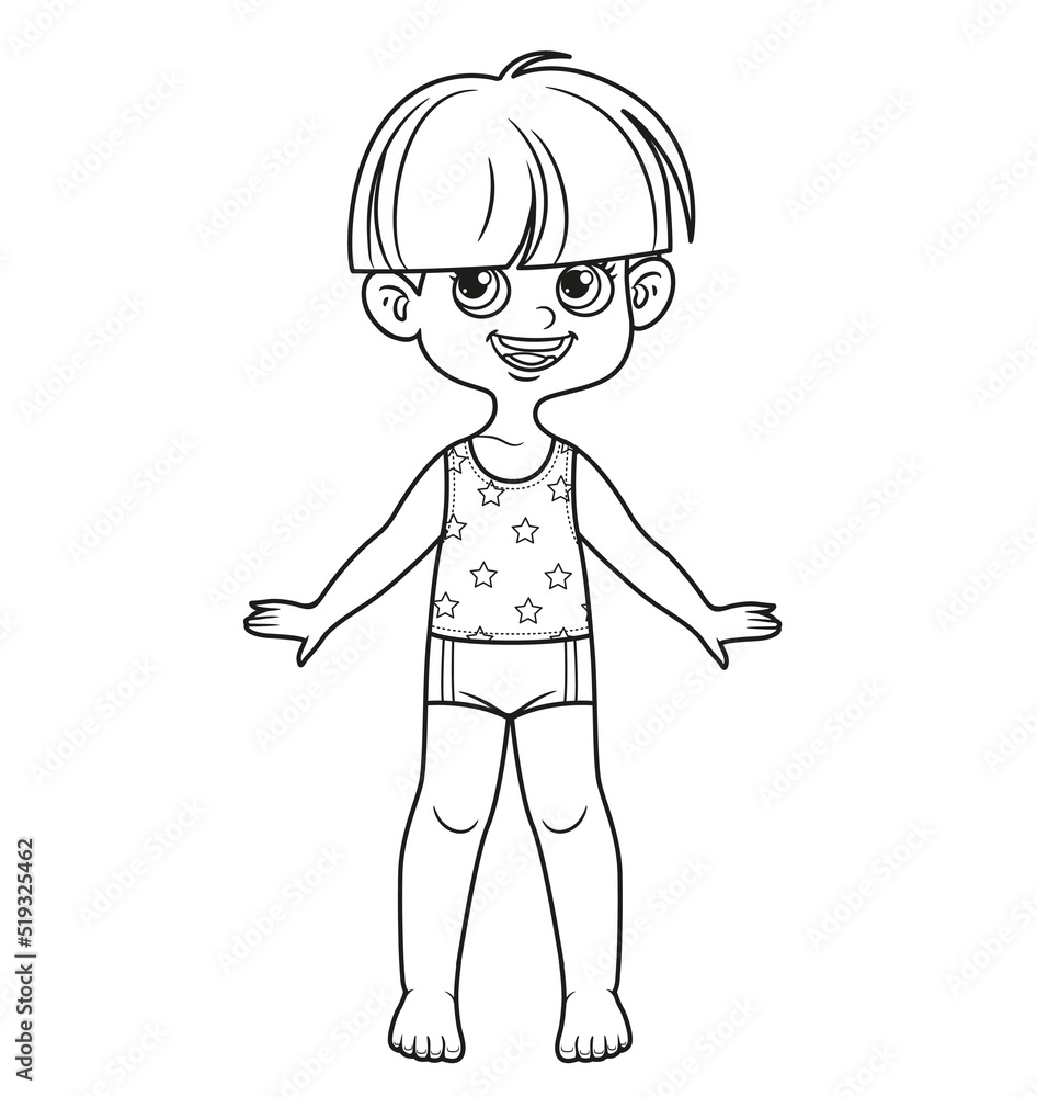 Cute cartoon boy with tufted hair dressed in underwear barefoot outline for coloring on a white background Cute cartoon boy with tufted hair dressed in underwear barefoot outline for coloring on a white background