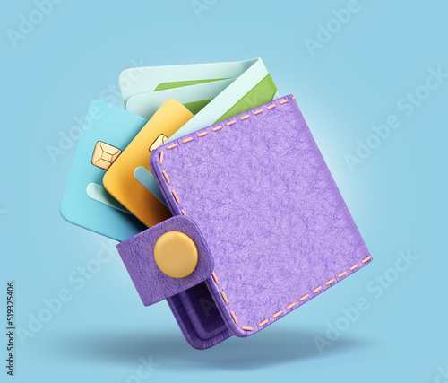 Сoncept of accumulation of funds in the wallet with credit card and bills 3d render illustration on blue background photo