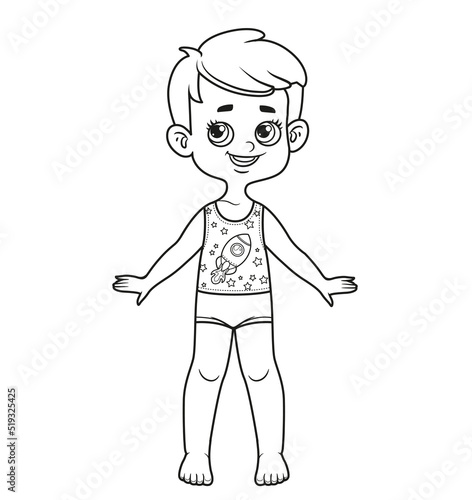 Cute cartoon boy with classic haircut dressed in underwear barefoot outline for coloring on a white background