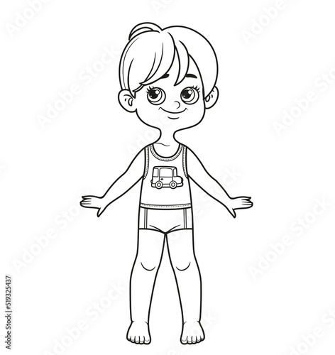 Cute cartoon boy with classic haircut dressed in underwear barefoot outline for coloring on a white background