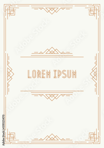 Greeting card template art deco style with gold frame on white background for wedding invitation card, party, menu restaurant, sale, cafe. Arabic frame. Vector Illustration