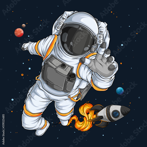 Hand drawn astronaut in spacesuit fling in the space with space rocket behind, c Fototapeta