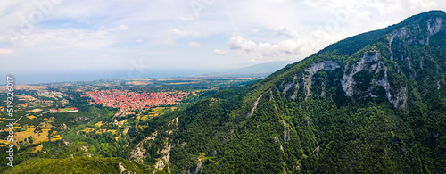 Mount Olympus, Greece. Long panoramic aerial drone shot at Leptokaria and Litochoro. Beautiful natural forests and cliff formations. High quality photo photo