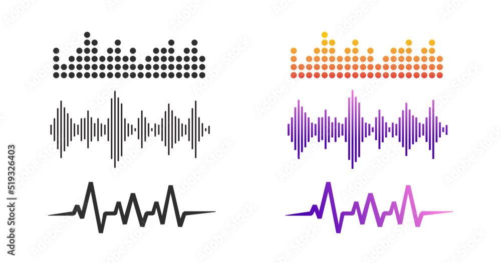 Radio sound wave icon vector set or voice music audio rhythm line,  recording soundwave rhythm or