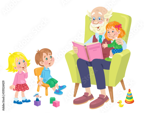 Cute grandfather is reading an interesting book to his grandchildren. In cartoon style. Isolated on white background. Vector flat illustration.